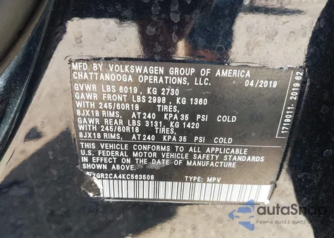 2019 Volkswagen Atlas 3.6L V6 Se W/Technology из США, поврежденный, VIN 1V2WR2CA3KC612435